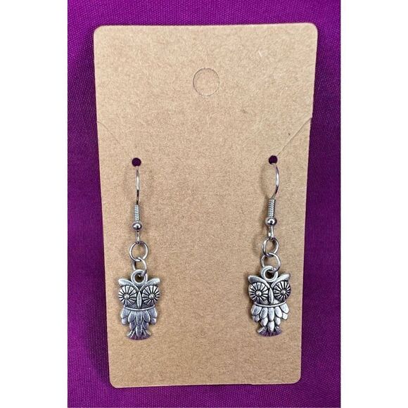 Handmade Silver Dangly Feathered Owl Earrings - Picture 1 of 3